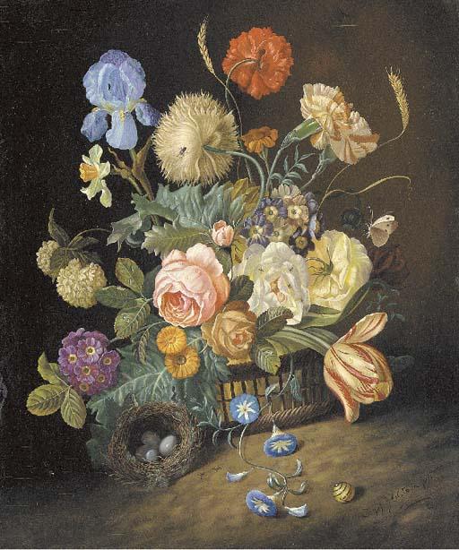 Josef Holstayn - Irises, Tulips, Peonies and other Flowers with a Bird\'s Nest
