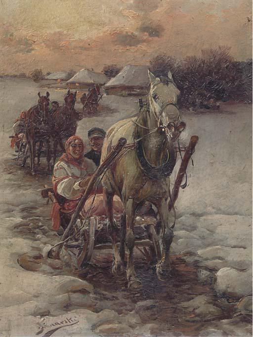 Josef Konarsky - Horse drawn sledges at sunset