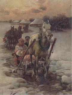 Josef Konarsky - Horse drawn sledges at sunset
