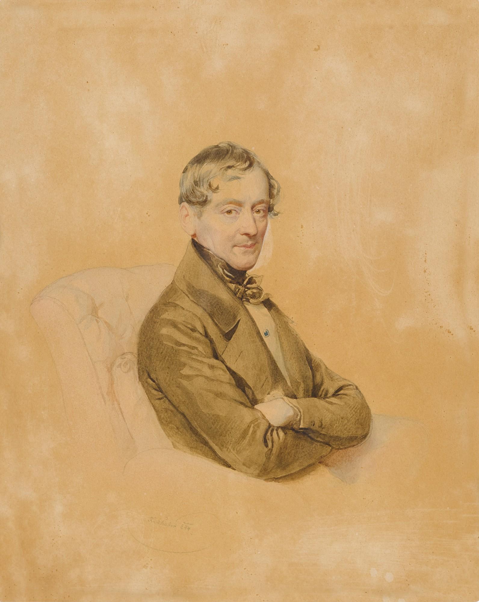 Josef Kriehuber - Half length portrait of a Gentleman, seated with his arms folded