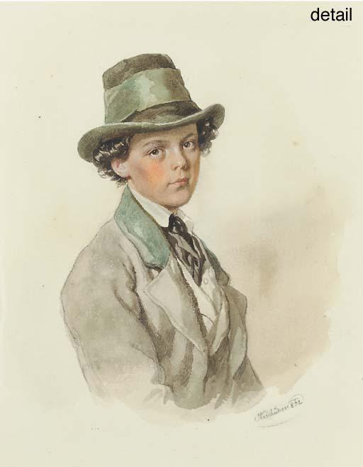 Josef Kriehuber - Lothar Freiherr Pratobevera von Wiesborn as a young boy, facing right in grey coat with green collar, grey waistcoat, white shirt and black cravat, moss-green hat with large green band in his curling dark hair
