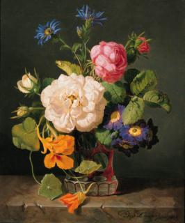 Josef Lauer - Damask roses, bourbon roses, michaelmas daisies, nasturtiums and polyanthus primulas in a vase