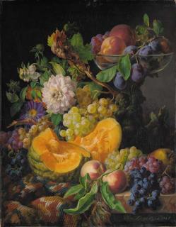 Josef Lauer - Peaches, plums, grapes and a melon with autumn flowers on a draped, marble ledge