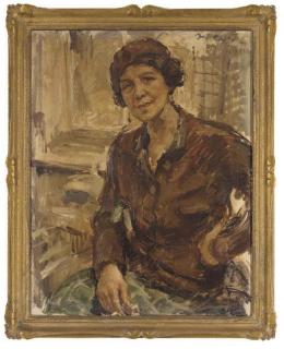 Josef Oppenheimer - Portrait of a lady, seated half-length, in a brown coat and hat