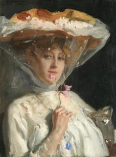 Josef Oppenheimer - Portrait of a lady smelling sweetpeas