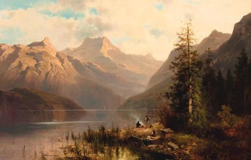 Josef Thoma - Travellers on the lakeside in a mountainous landscape