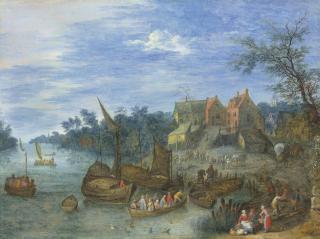 Josef van Bredael - A River Landscape With Boats By A Village