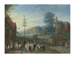 Josef Van Bredael - A village kermesse with figures dancing around a maypole