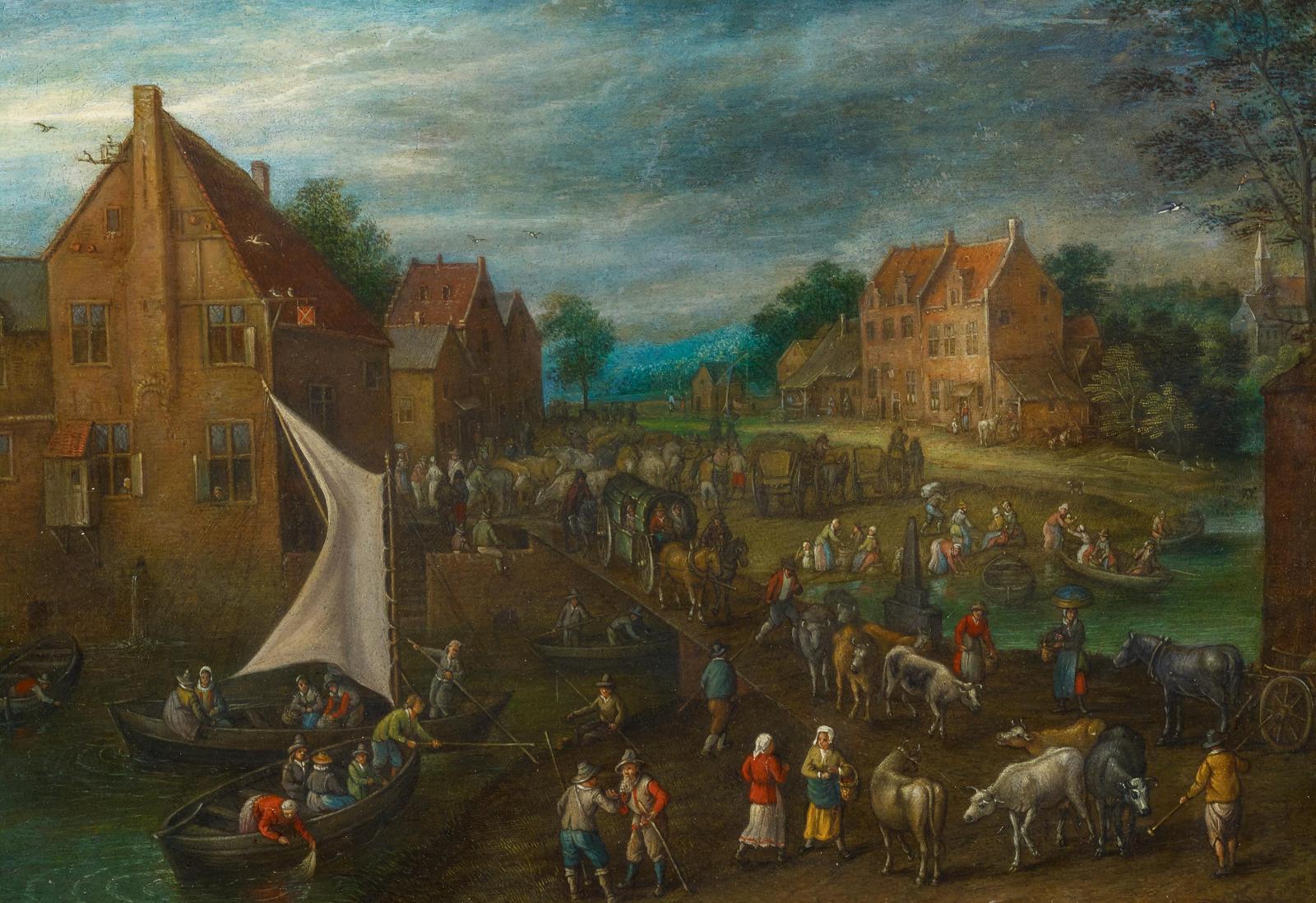 Josef van Bredael - Holländische Dorfszene mit zahlreichen Personen am Flussufer