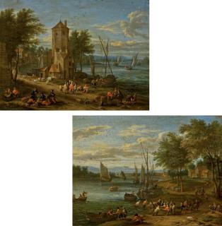Josef Van Bredael - Pêcheurs Au Bord D\'Une Rivière; Et Personnages Orientaux Devant Une Tour Au Bord D\'Un Fleuve