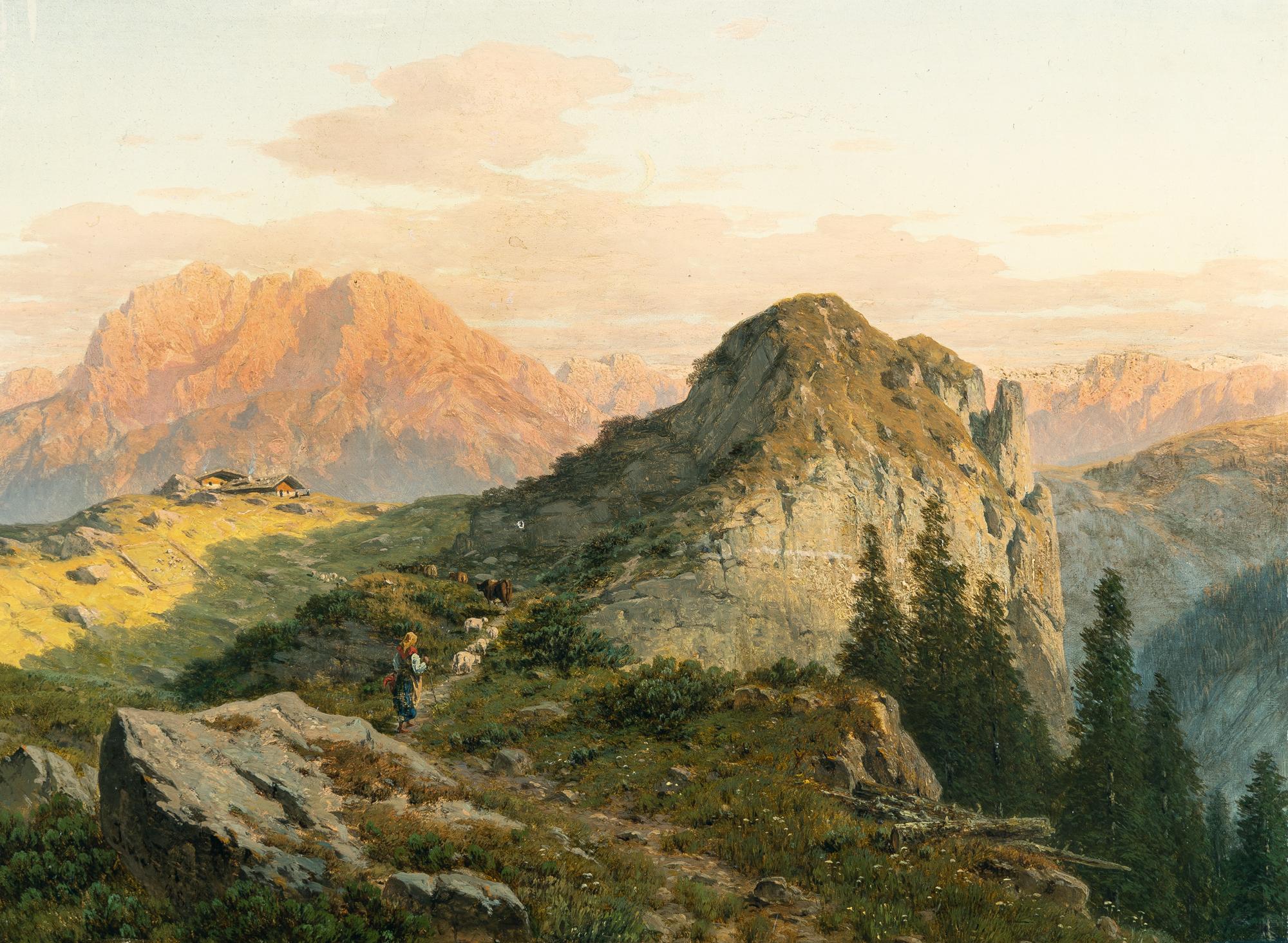 Josef von Schlögl - Vieheintrieb zur Steinling Alm, im Hintergrund die Kampenwand