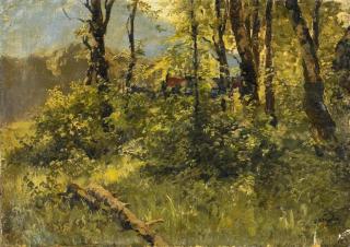 Josef Wenglein - Frühlingsgrüner Waldrand mit Rehwild im Hintergrund