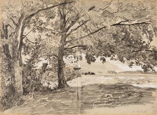 Josef Wenglein - Landschaft mit Bauernhütte und Gebirge im Hintergrund.