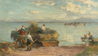 Josef Wopfner - Beladen eines Heubootes am Chiemseeufer