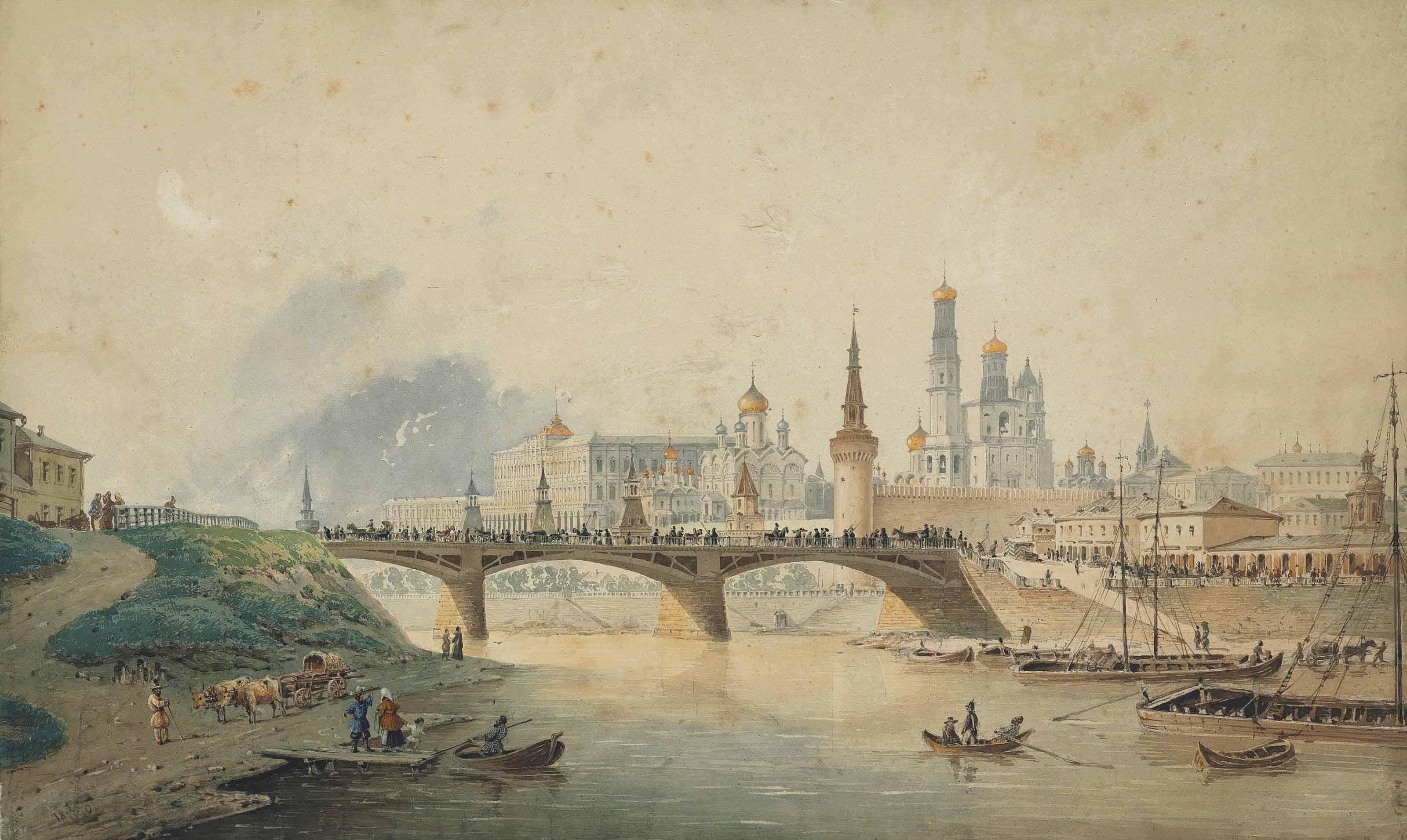 Joseph Andreas Weiss - View of the Kremlin and Moskvoretsky bridge from the Moscow river embankment
