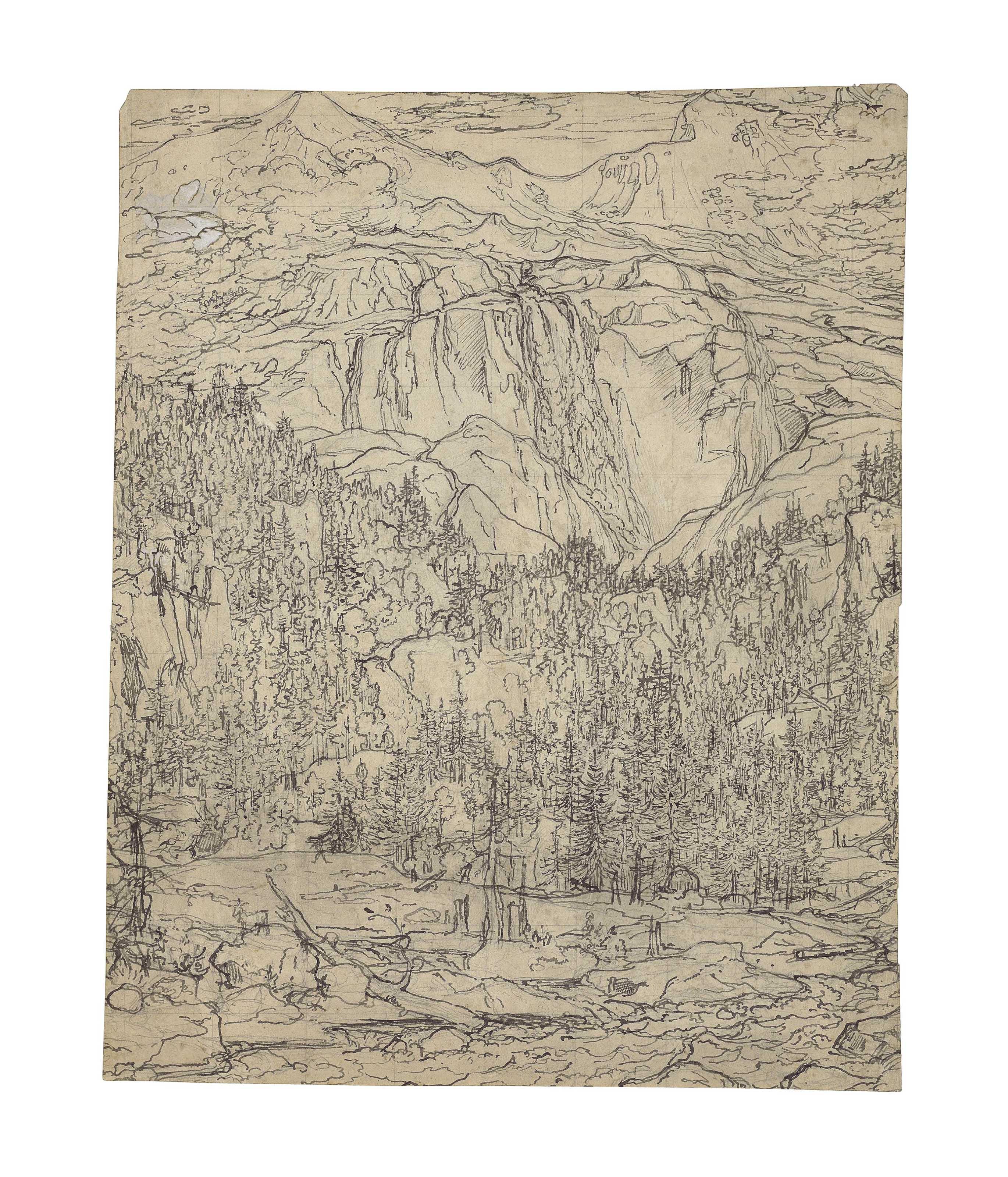Joseph Anton Koch - The Schmadribach Waterfall near Lauterbrunnen, Switzerland ( recto ); A faint sketch of a mountainous landscape ( verso )