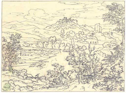 Joseph Anton Koch - View of Castel Madama, with travellers on a path by the Tiber in the foreground