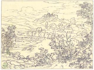 Joseph Anton Koch - View of Castel Madama, with travellers on a path by the Tiber in the foreground