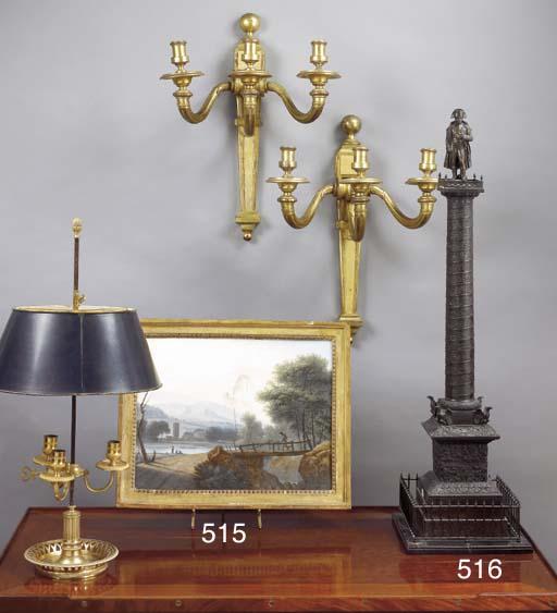 Joseph Augustus Knip - Un paysage montagneux avec un personnage et son chien marchant sur un pont enjambant un ruisseau au premier plan, un campanile avec des constructions le long d\'une rivière