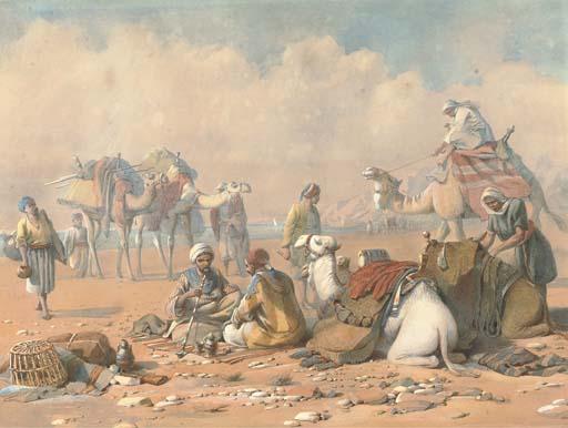 Joseph Austin Benwell - A resting caravan sharing a pipe by the water\'s edge