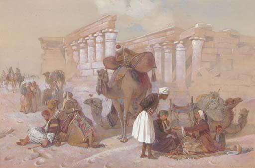 Joseph Austin Benwell - Arabs With Their Camels By Temple Ruins
