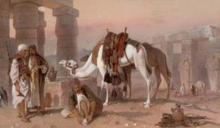 Joseph Austin Benwell - Egyptians and their camels resting by a temple
