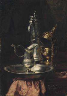 Joseph Bail - A silver jug and bowl on a wooden ledge