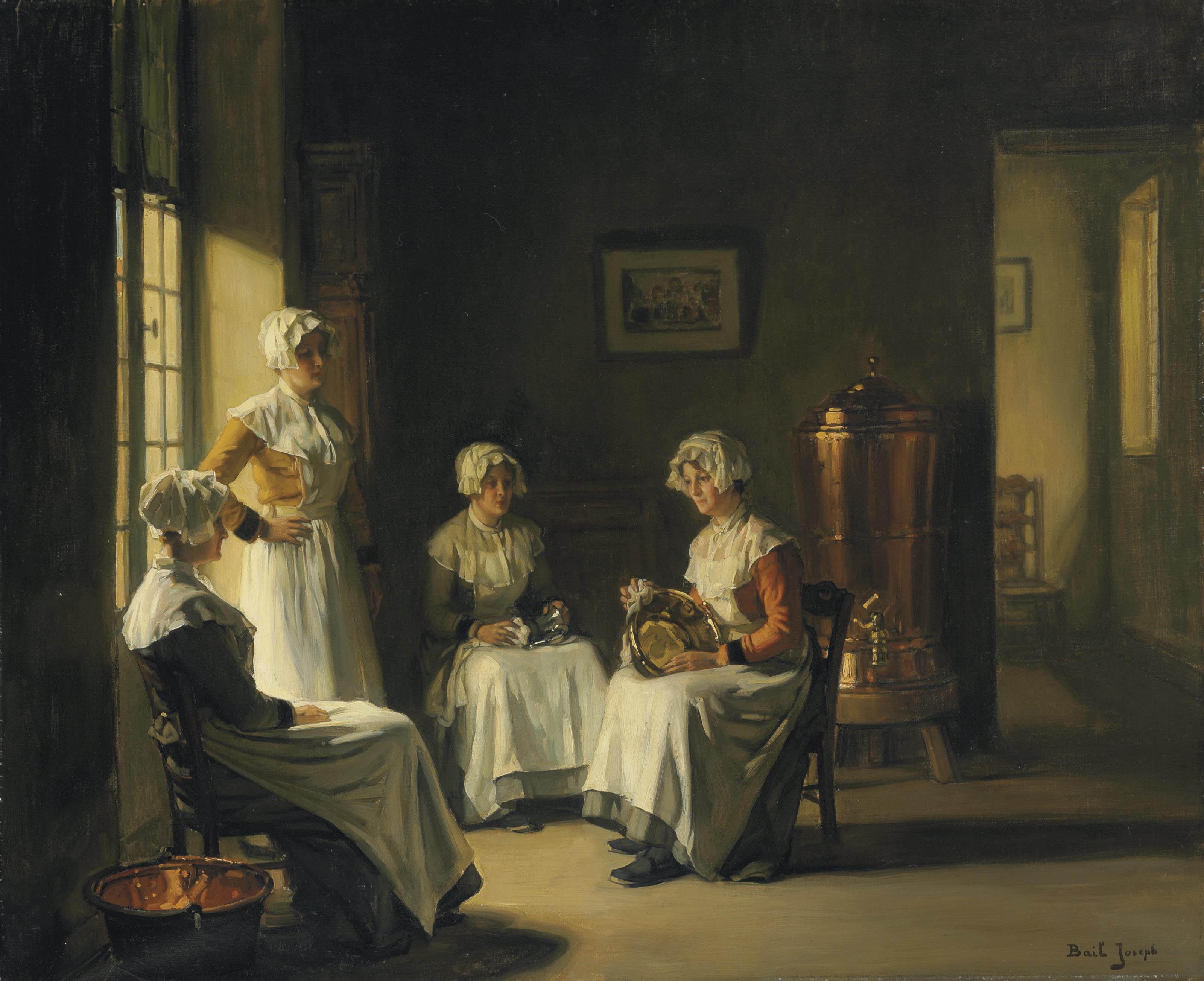 Joseph Bail - An Interior with Women Polishing Brass