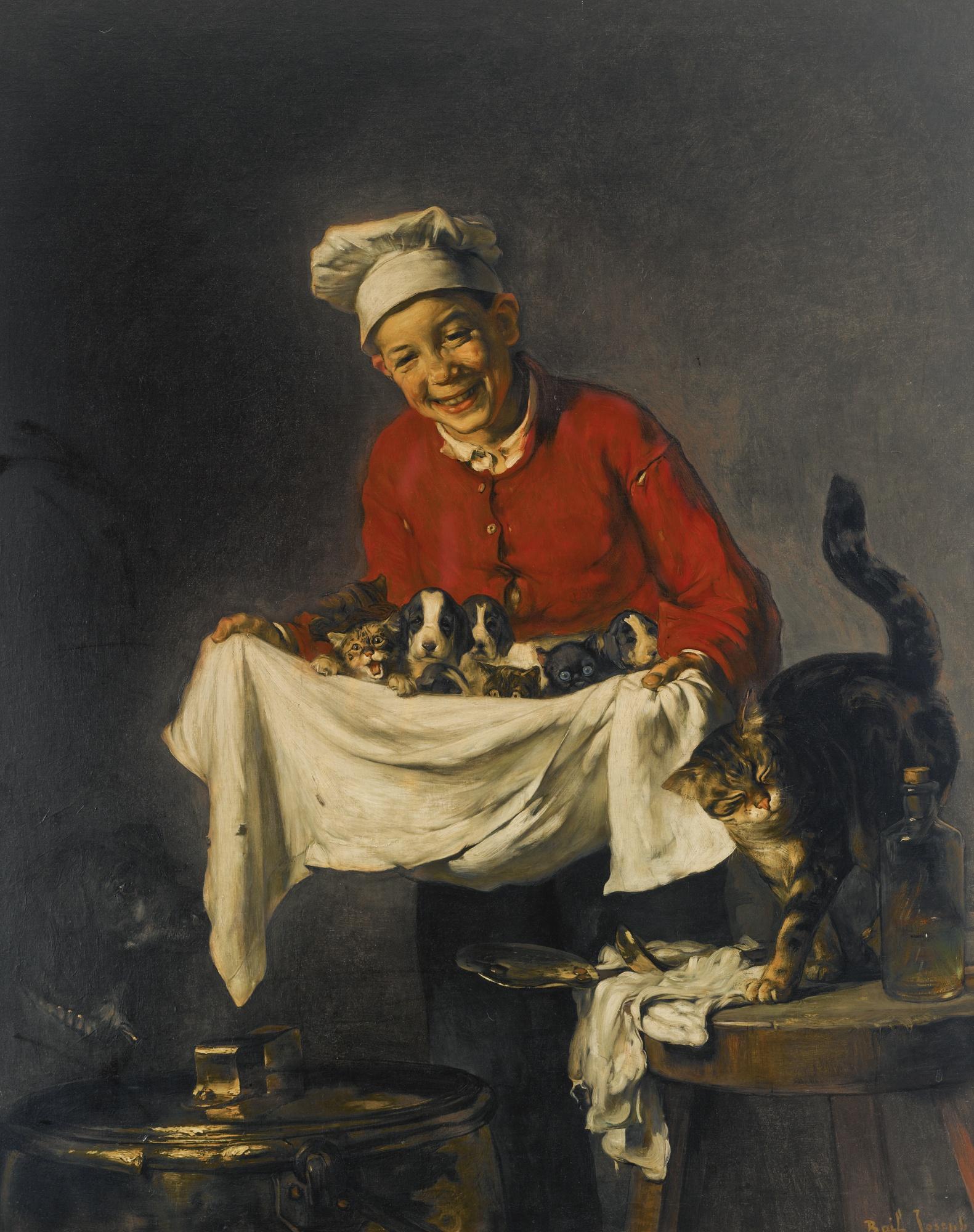 Joseph Bail - French jeune Commis Avec Chiots Et Chatons