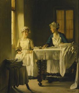 Joseph Bail - Interior With Two Women Folding Sheets