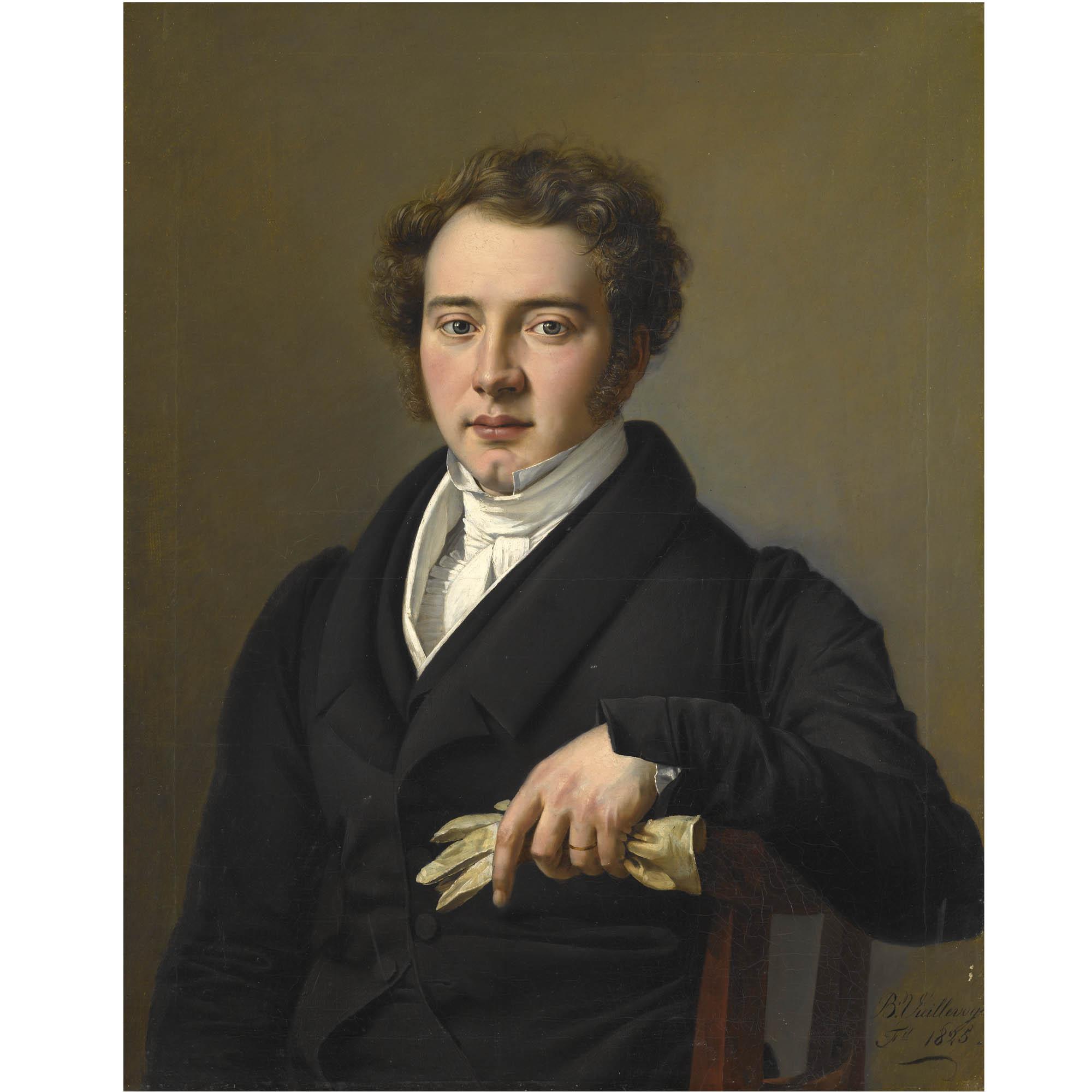 Joseph-Barthélémy Vieillevoye - Portrait Of A Young Man, Half Length, Wearing Black Jacket And Holding A Pair Of Gloves