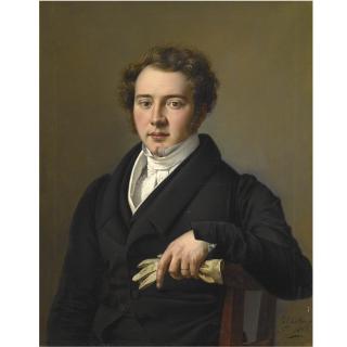Joseph-Barthélémy Vieillevoye - Portrait Of A Young Man, Half Length, Wearing Black Jacket And Holding A Pair Of Gloves