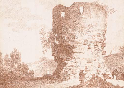 Joseph-Benoît Suvée - Un Paysage Italien Avec Une Tour En Ruines Et Une Église, Des Bergers Au Premier Plan