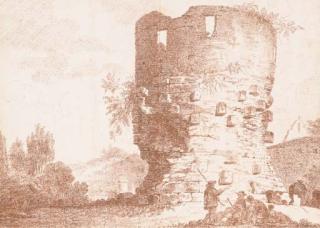 Joseph-Benoît Suvée - Un Paysage Italien Avec Une Tour En Ruines Et Une Église, Des Bergers Au Premier Plan