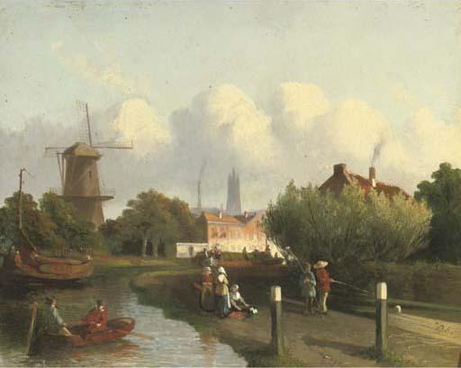 Joseph Bles - A Busy Canal Near A Dutch Town