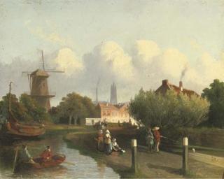 Joseph Bles - A Busy Canal Near A Dutch Town