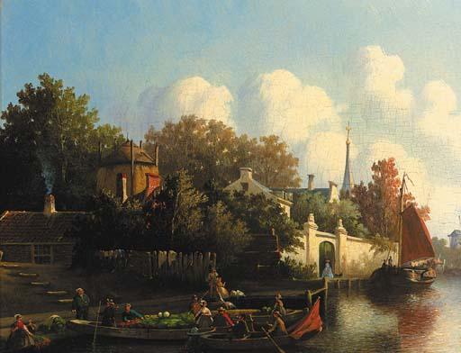 Joseph Bles - A village scene: Merchants in rowing boats