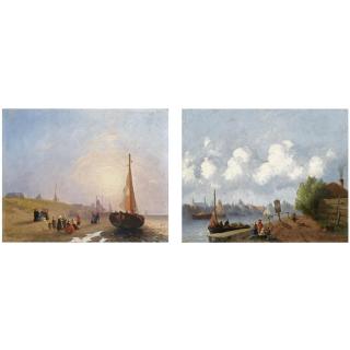 Joseph Bles - Dutch Figures On The Beach, Scheveningen; Figures Near A River, A Town In The Distance (A Pair)