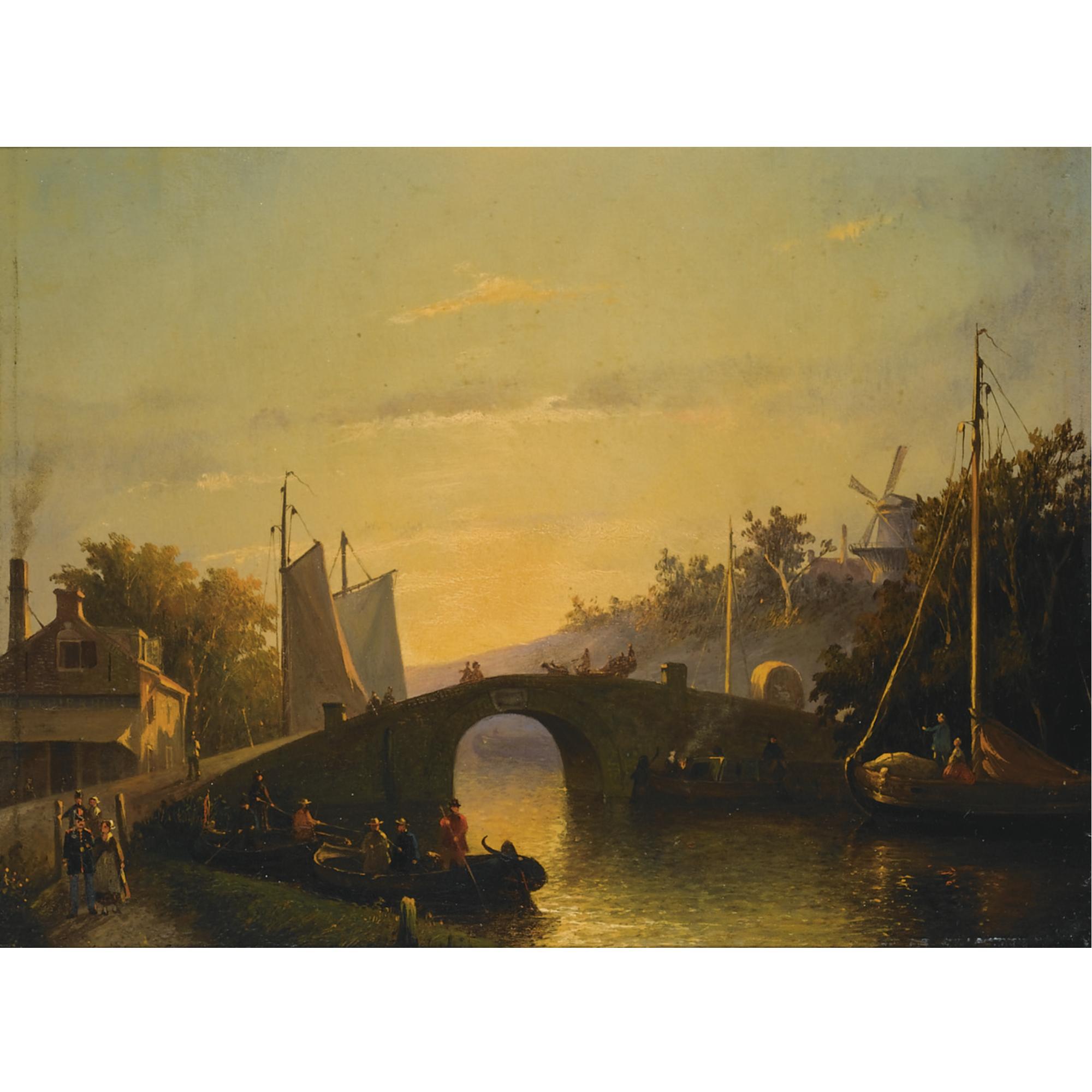 Joseph Bles - Figures Near A Bridge In A Dutch Town