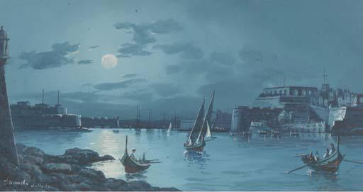 Joseph Bonello - The Grand Harbour, Valetta, by moonlight; and The Grand Harbour, Valetta, at sunset