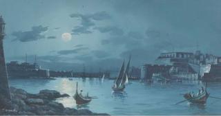 Joseph Bonello - The Grand Harbour, Valetta, by moonlight; and The Grand Harbour, Valetta, at sunset
