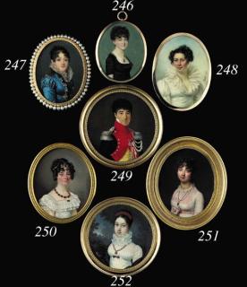 Joseph Boze - A young lady, facing right in lace-bordered black dress, wearing a portrait miniature of her husband suspended from a gold chain around her neck, short curling dark hair