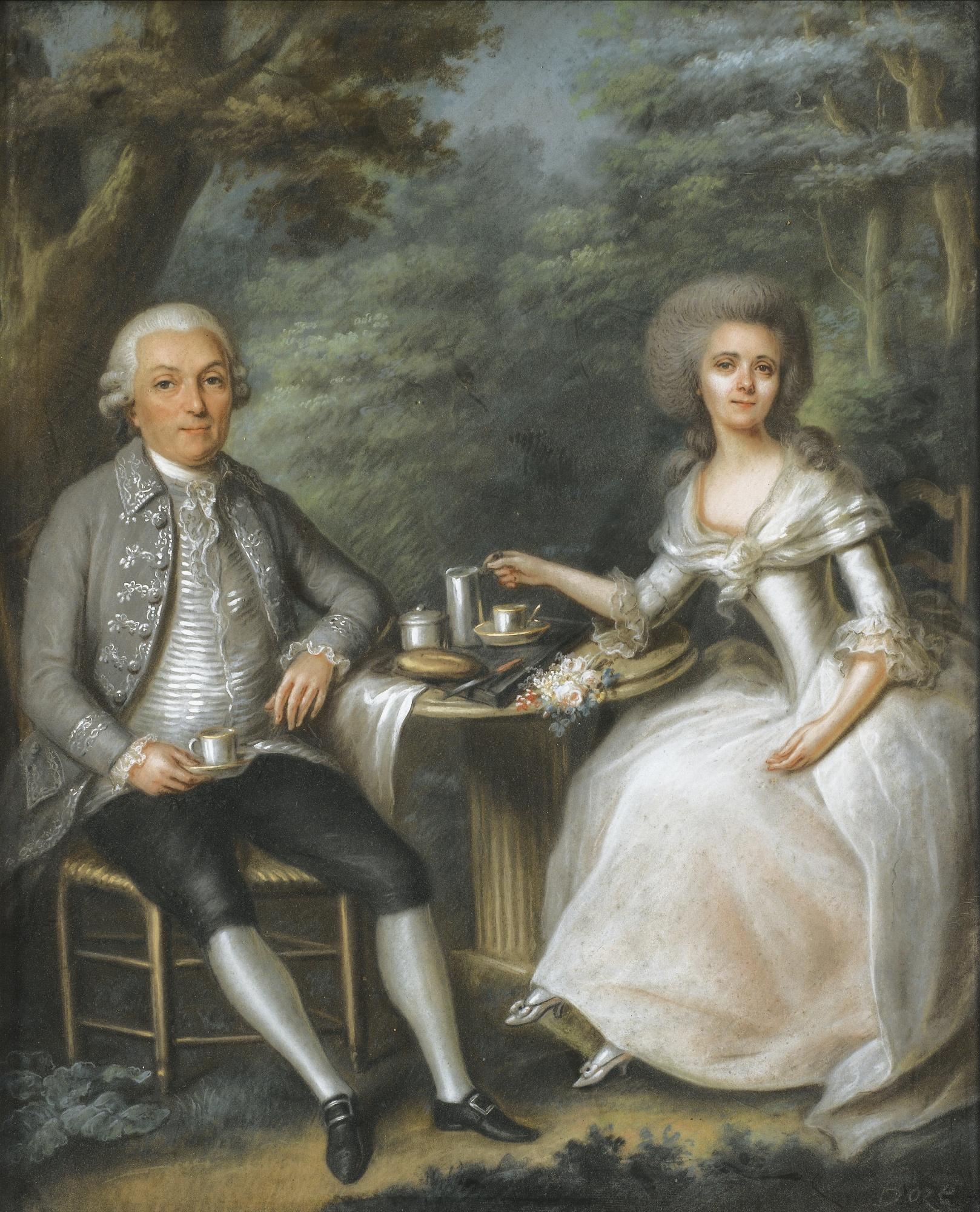 Joseph Boze - Portrait D\'Un Couple Prenant Le Café Dans Un Jardinjoseph Boze ; Portrait Of A Couple Drinking Coffee In A Garden ; Signed Lower Right Boze; Pastel