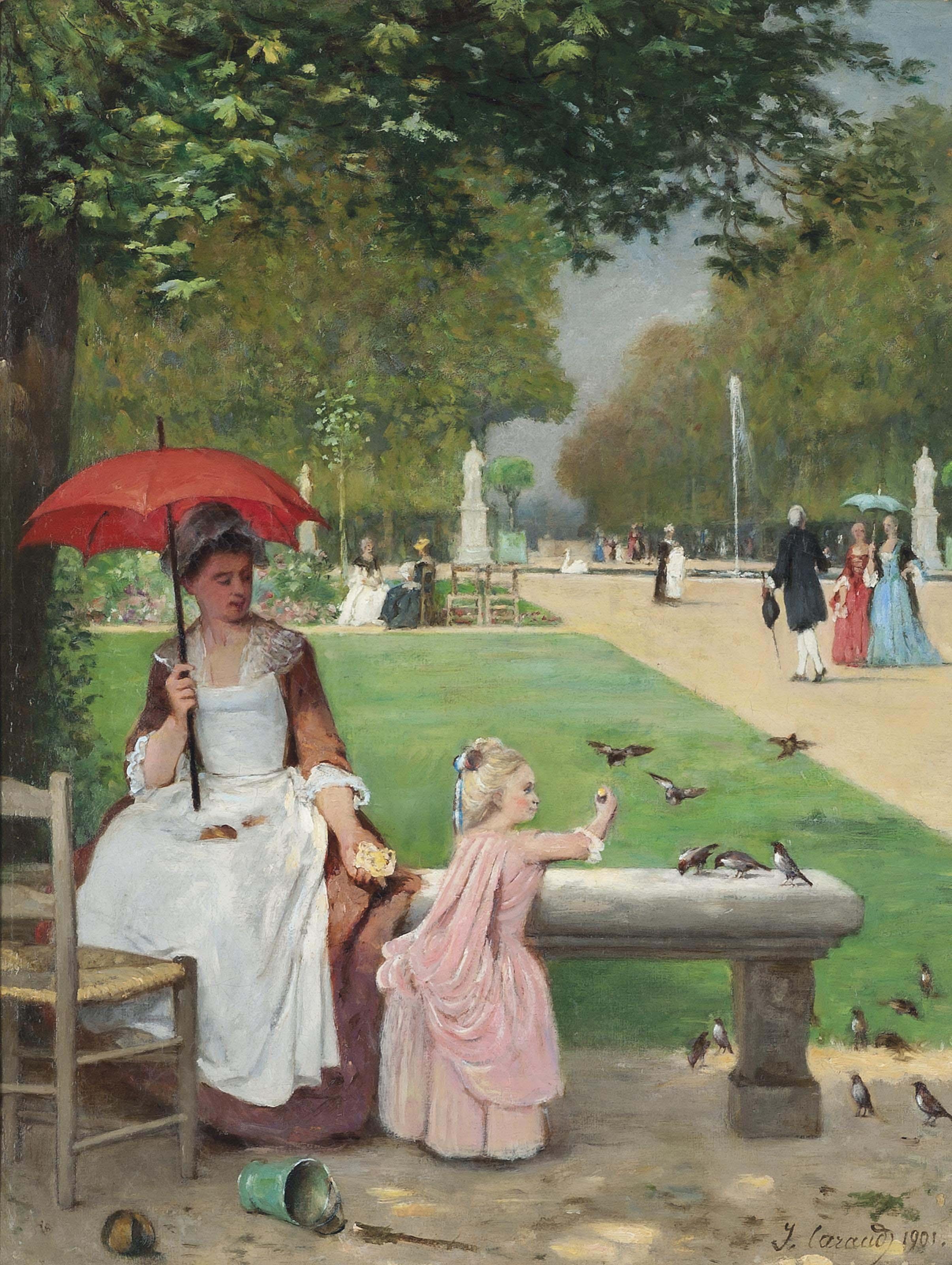 Joseph Caraud - Feeding The Birds At The Tuilleries, Paris