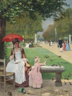 Joseph Caraud - Feeding The Birds At The Tuilleries, Paris