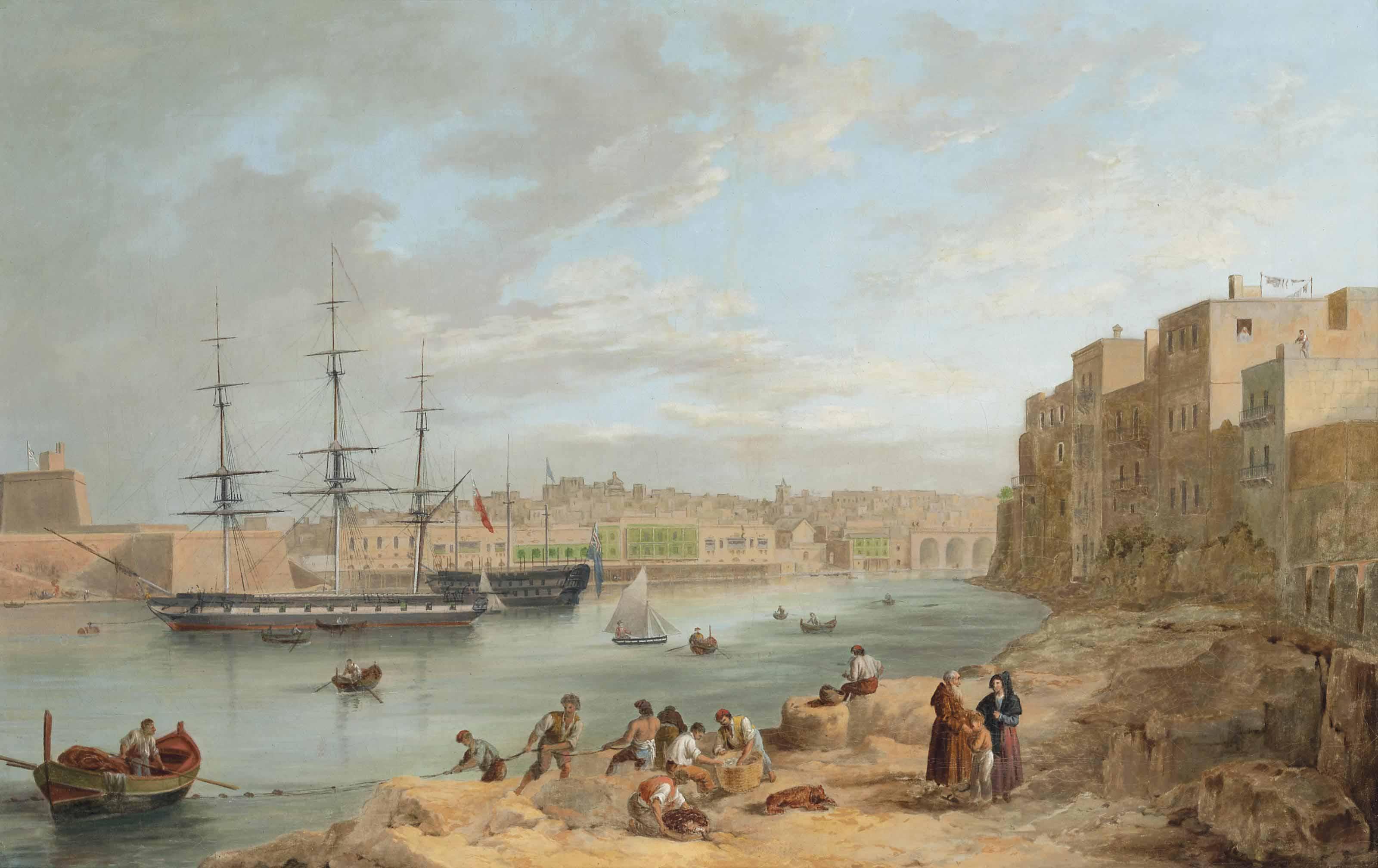 Joseph Cartwright - H.M.S. Champion moored off Fort St Angelo, Valetta, Malta