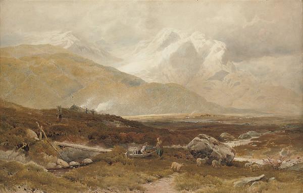 Joseph Charles Reed, N.W.S. - Figures and sheep in a highland valley with mountains beyond
