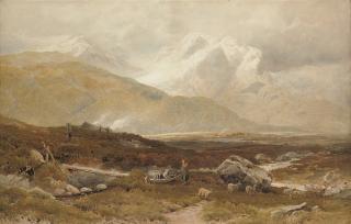 Joseph Charles Reed, N.W.S. - Figures and sheep in a highland valley with mountains beyond