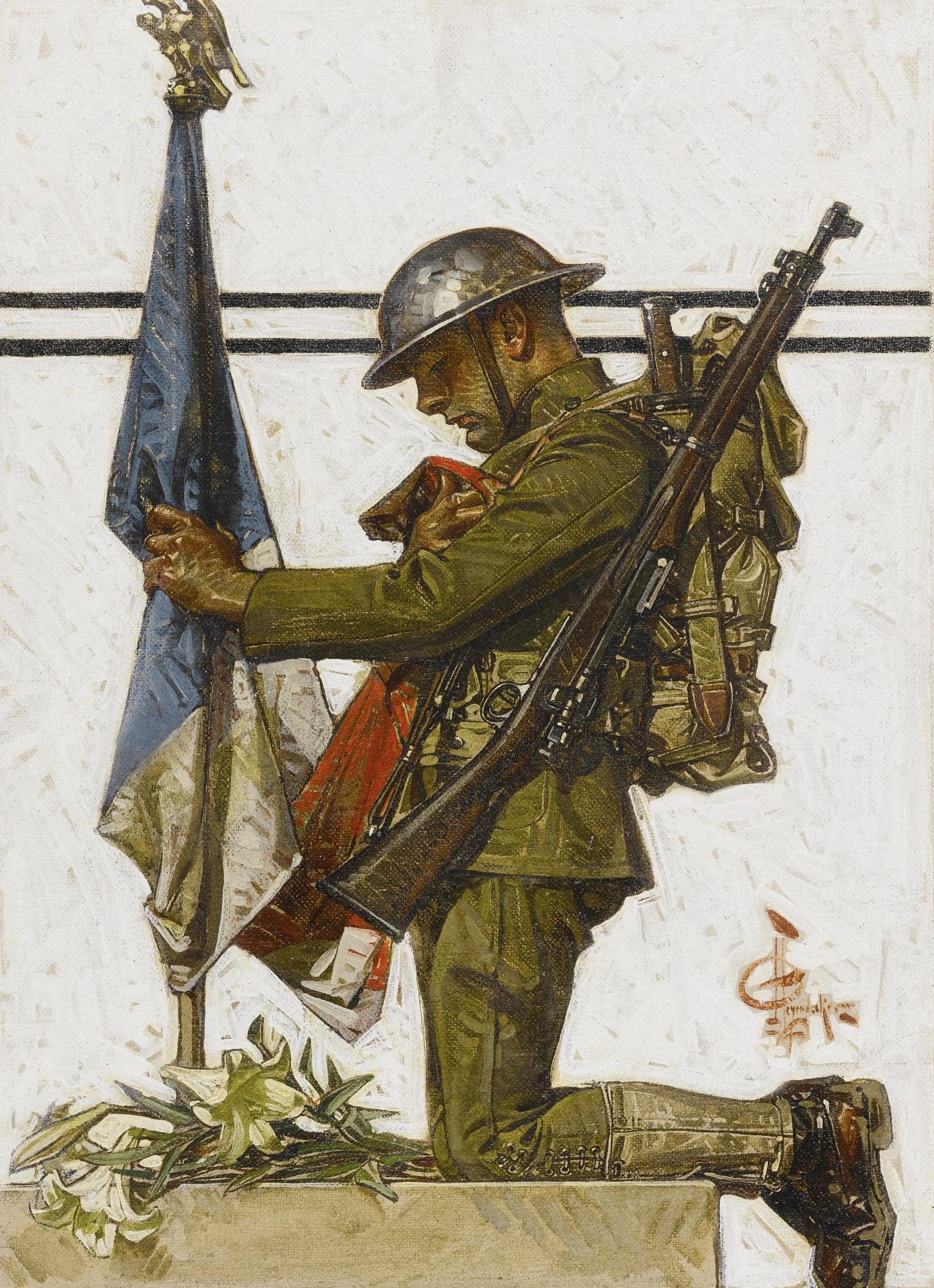 Joseph Christian Leyendecker - Soldier Kneeling At French Memorial
