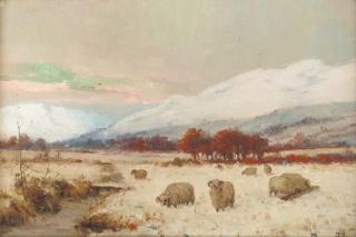 Joseph Denovan Adam, R.S.A., R.S.W. - Sheep In A Highland Winter Landscape